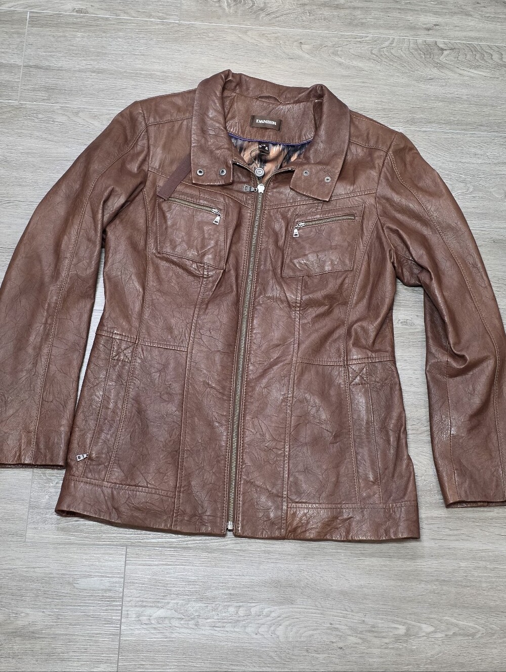 Danier Leather Jacket Lined Womans Large Brown Vintage? Zip Up